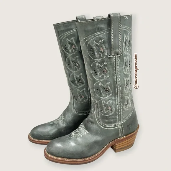 VINTAGE 1980 Frye Austin Campus Green-Blue Leather Floral Embroider Cowboy Boot - Picture 9 of 16